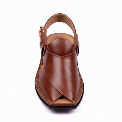 burgundy T-shape Peshawari Kheri shown from the front with overlapping leather straps and buckle closure