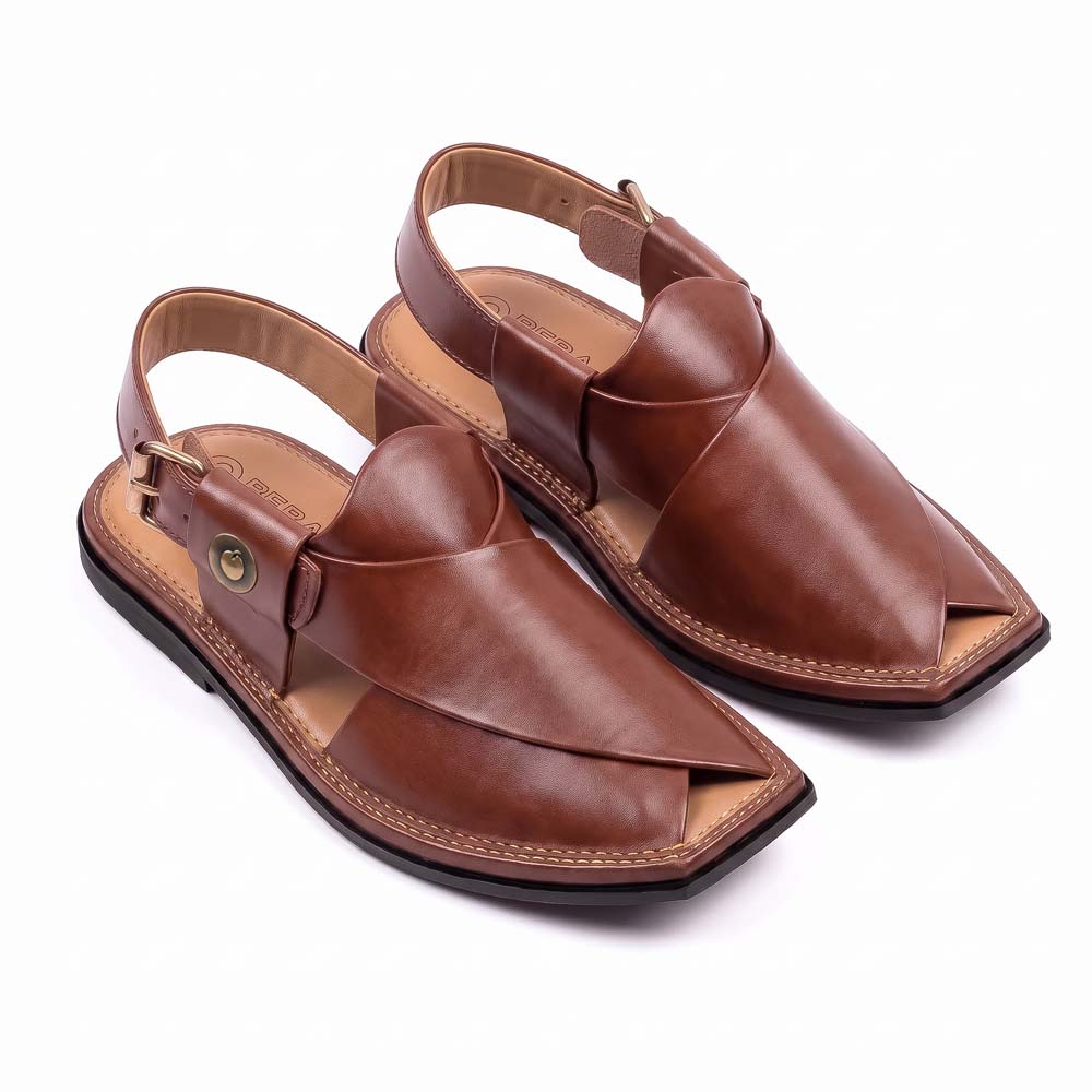burgundy T-shape Peshawari Kheri pair shown from a three-quarter front view with pointed leather fronts and buckle straps