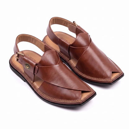 burgundy T-shape Peshawari Kheri pair shown from a three-quarter front view with pointed leather fronts and buckle straps