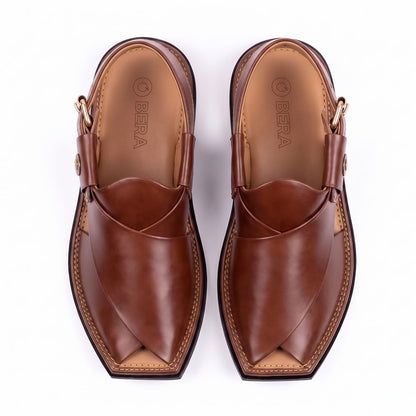 burgundy T-shape Peshawari Kheri pair shown from above with overlapping leather straps and branded insoles