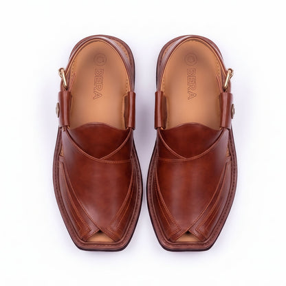 burgundy Taki Chappal pair shown from the top with crossed leather straps and tan branded insoles