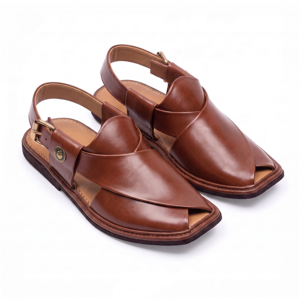 burgundy traditional Charsadda Chappal pair shown from a three-quarter front view with overlapping leather straps and adjustable back buckles
