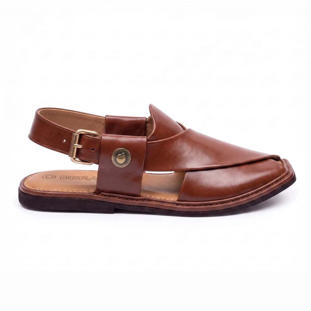 burgundy traditional Charsadda Chappal shown from the side with a broad leather upper, buckle strap and layered sole