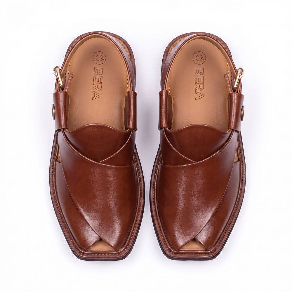 burgundy traditional Charsadda Chappal pair shown from above with crossed leather straps and side buckle closures
