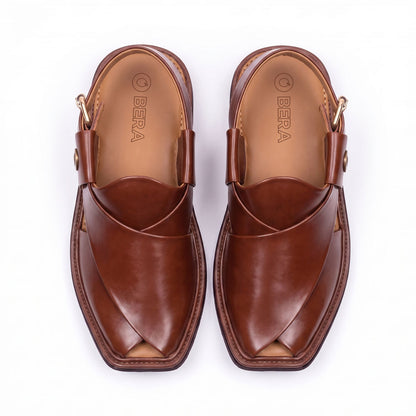 burgundy traditional Charsadda Chappal pair shown from above with crossed leather straps and side buckle closures