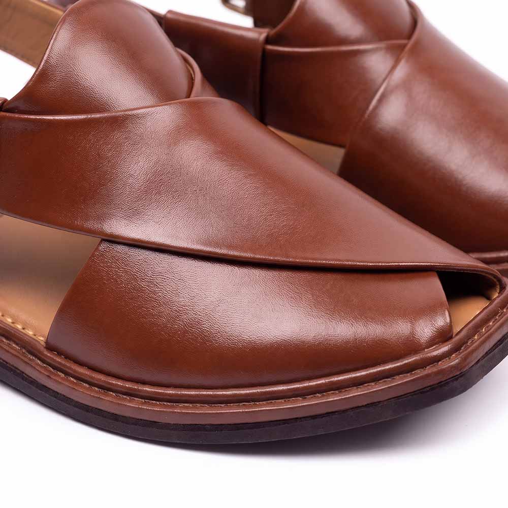 close-up of burgundy traditional Charsadda Chappal showing smooth leather straps and layered stitched sole