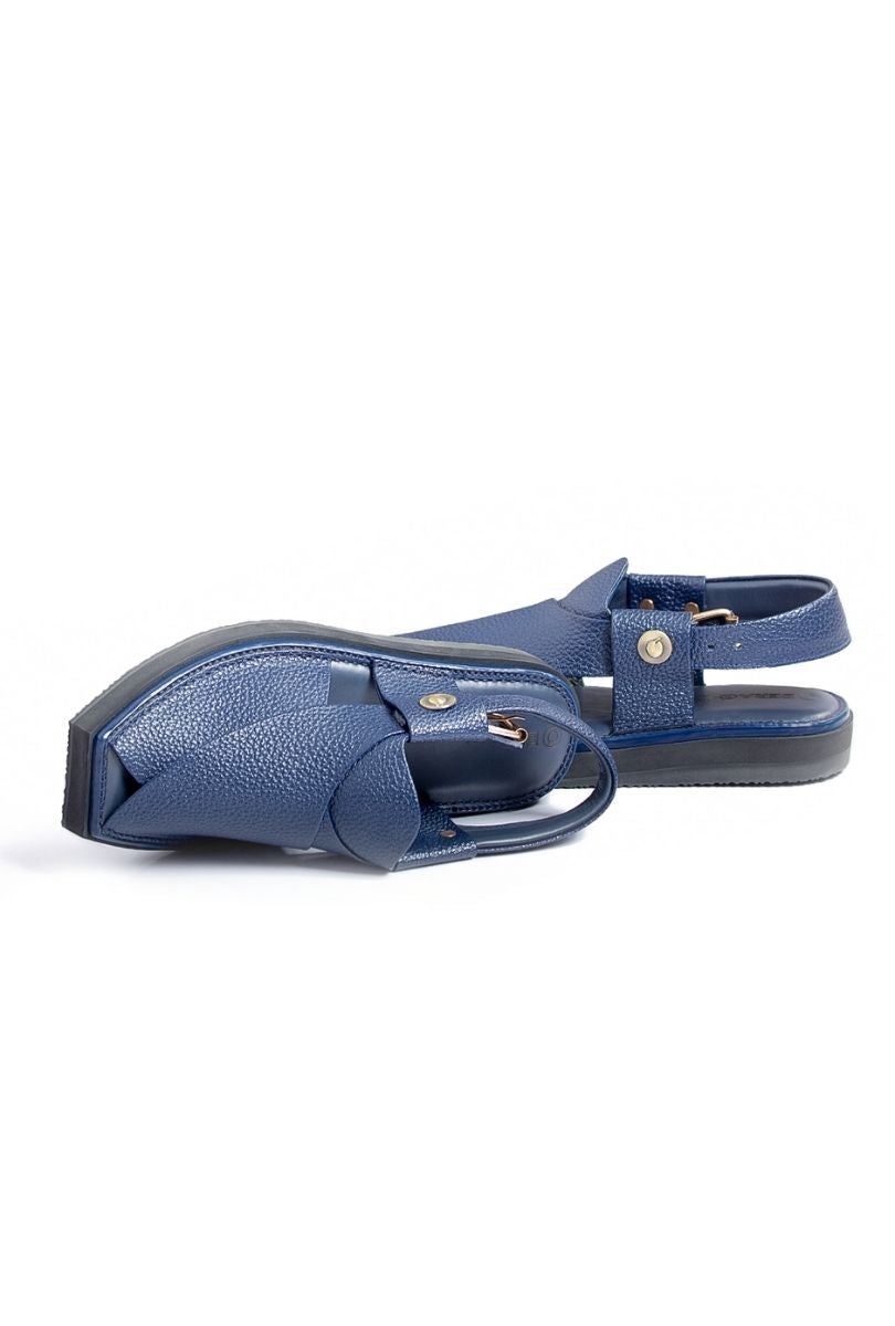 Front view of khan chappals blue dotted featuring the premium leather adjustable strap and comfortable sole.