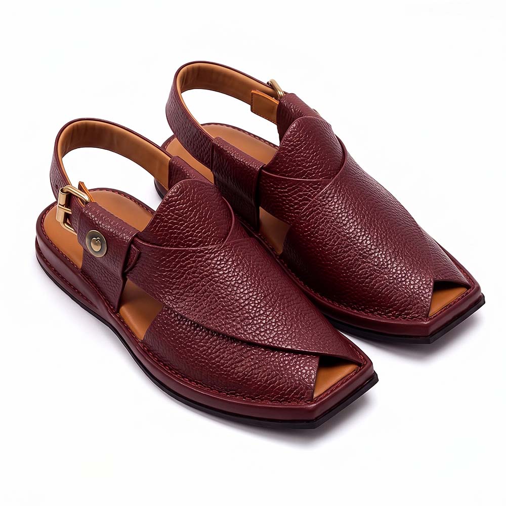 maroon lightweight Peshawari Chappal pair shown from a three-quarter front view with textured leather upper and adjustable heel straps
