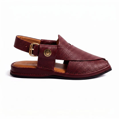 maroon lightweight Chappal shown from the side with textured leather upper and gold tone buckle
