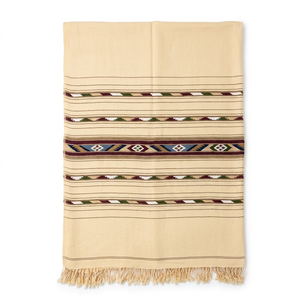Men's cream beige wool shawl featuring traditional tribal patterned border design and tassels at the bottom.