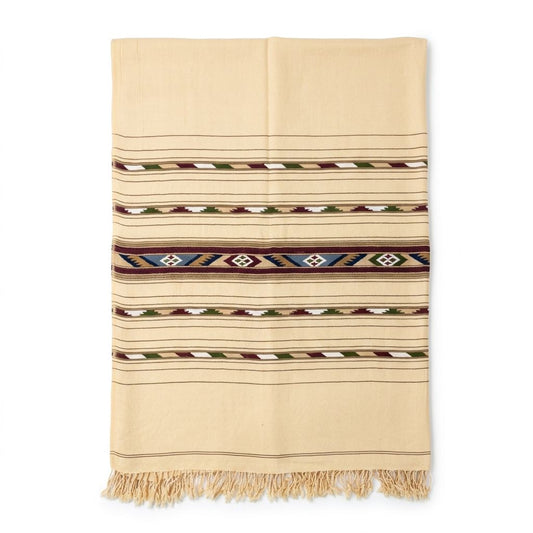 Men's cream beige wool shawl featuring traditional tribal patterned border design and tassels at the bottom.