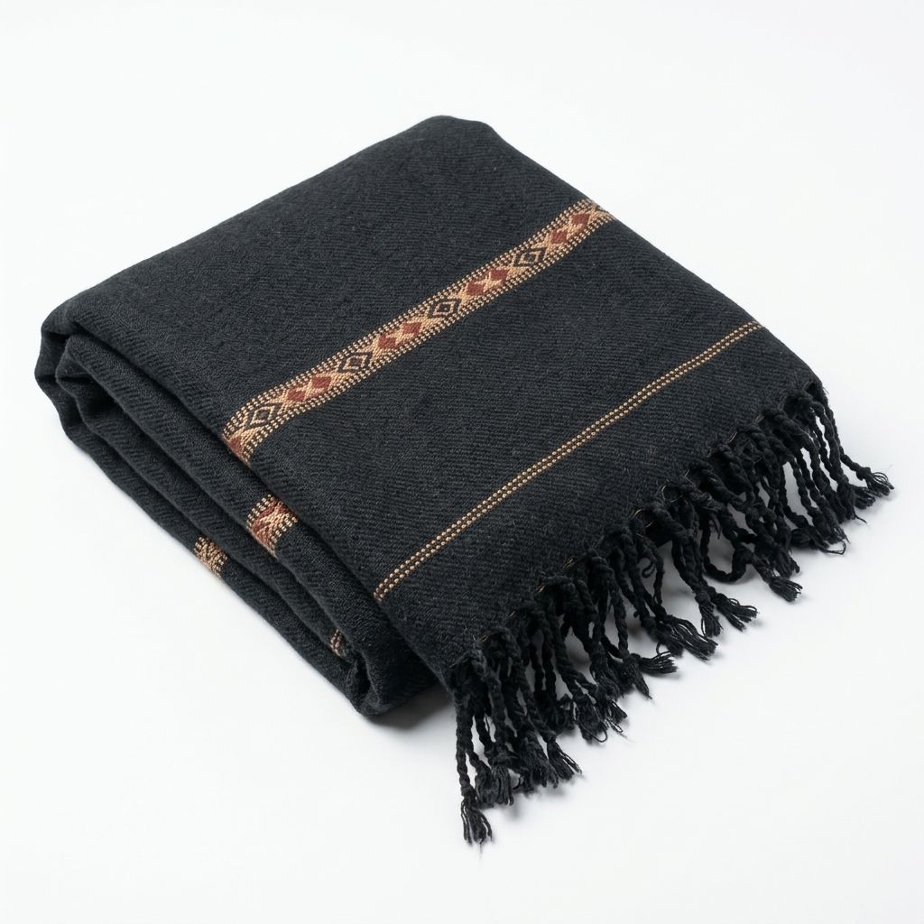 Neatly folded men's black wool shawl featuring a thin copper-brown geometric border motif and black fringe tassels