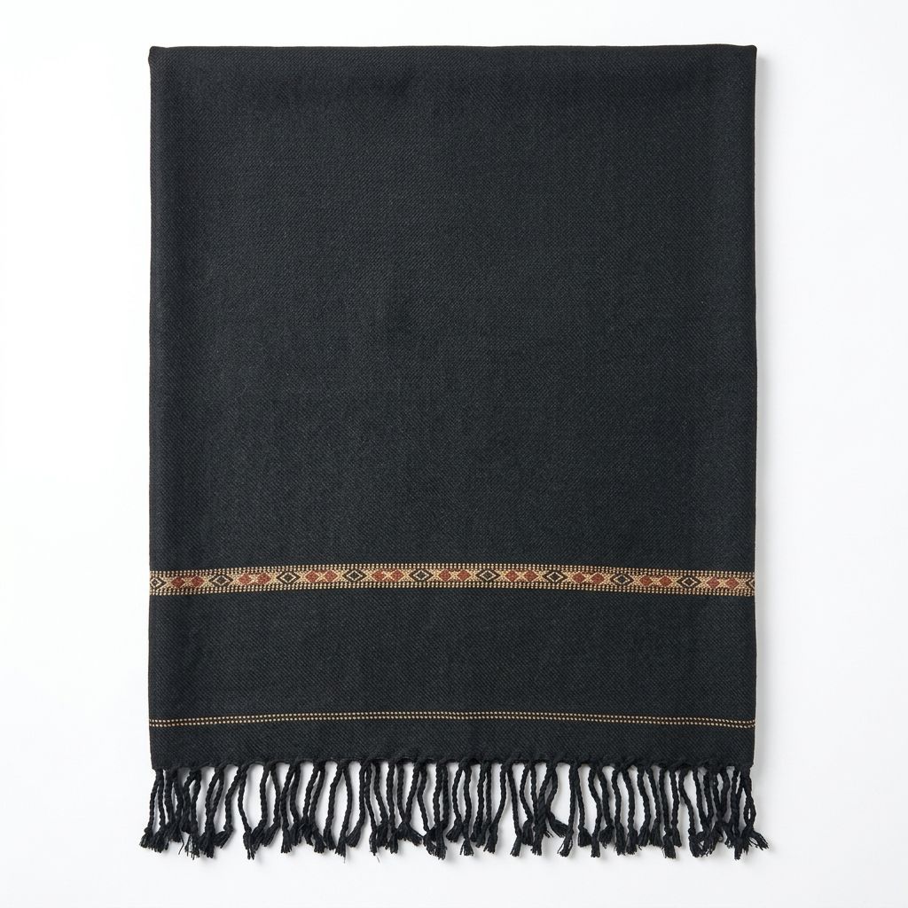 Men's classic jet black wool shawl featuring a thin subtle geometric border motif and black fringe tassels