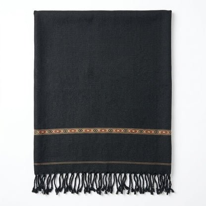 Men's classic jet black wool shawl featuring a thin subtle geometric border motif and black fringe tassels
