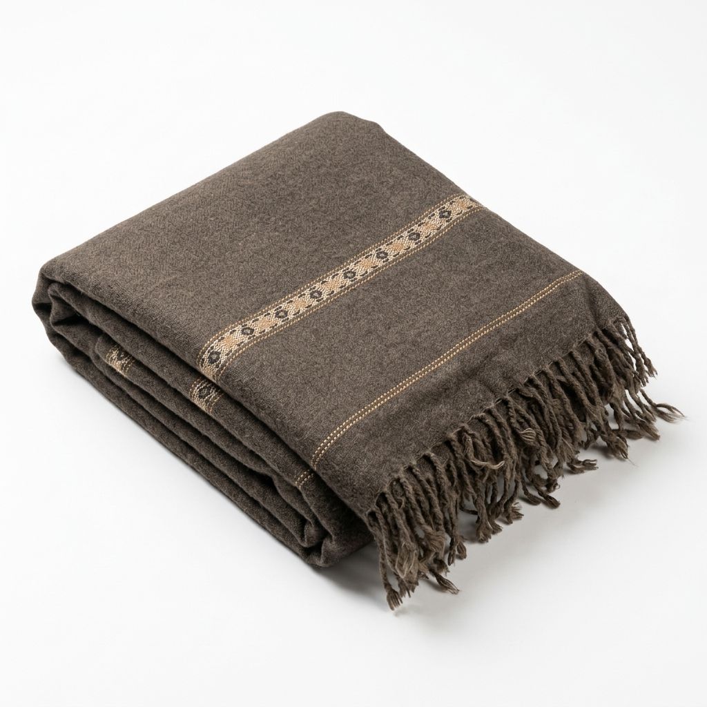 Neatly folded men's dark charcoal brown wool shawl featuring a subtle beige woven geometric border and fringed tassel ends   