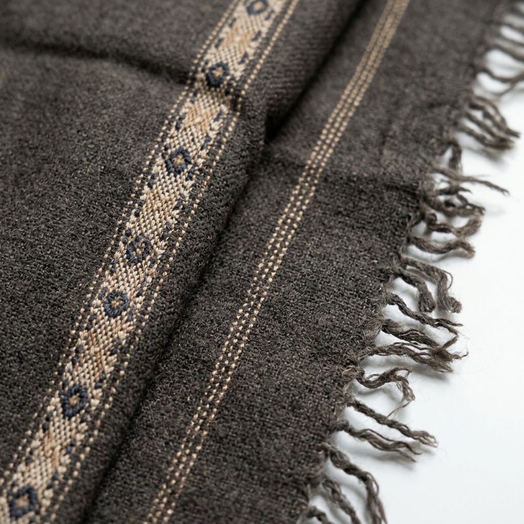 Close-up macro detail of a men's dark charcoal brown wool shawl showing soft woven texture, beige geometric border motif, and raw fringe edges