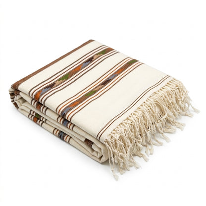 Neatly folded men's off-white khaddar wool shawl featuring multi-lined ethnic geometric borders and fringe tassels