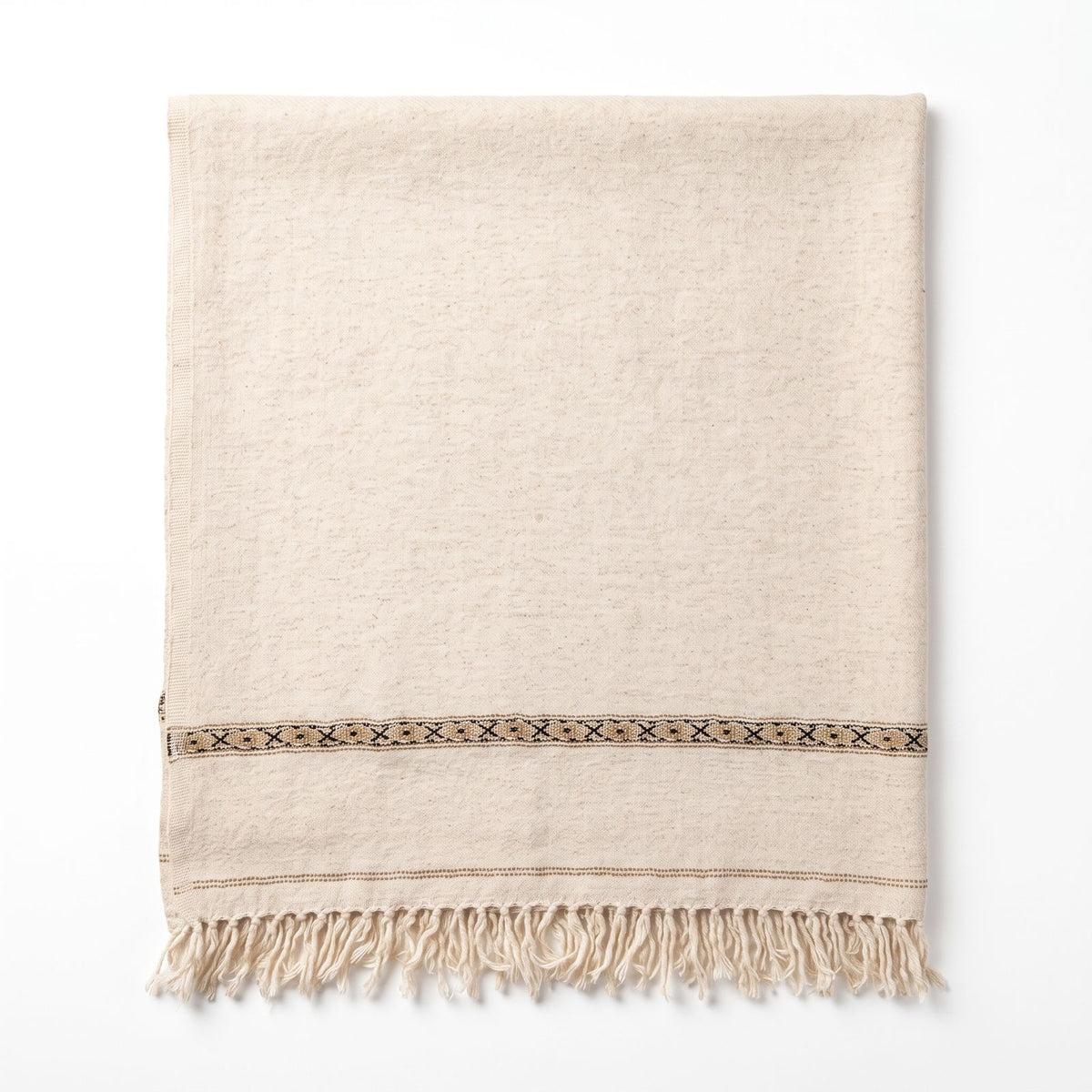 Men's subtle textured oatmeal cream wool shawl featuring a thin dark embroidered geometric cross border and fringe tassels   