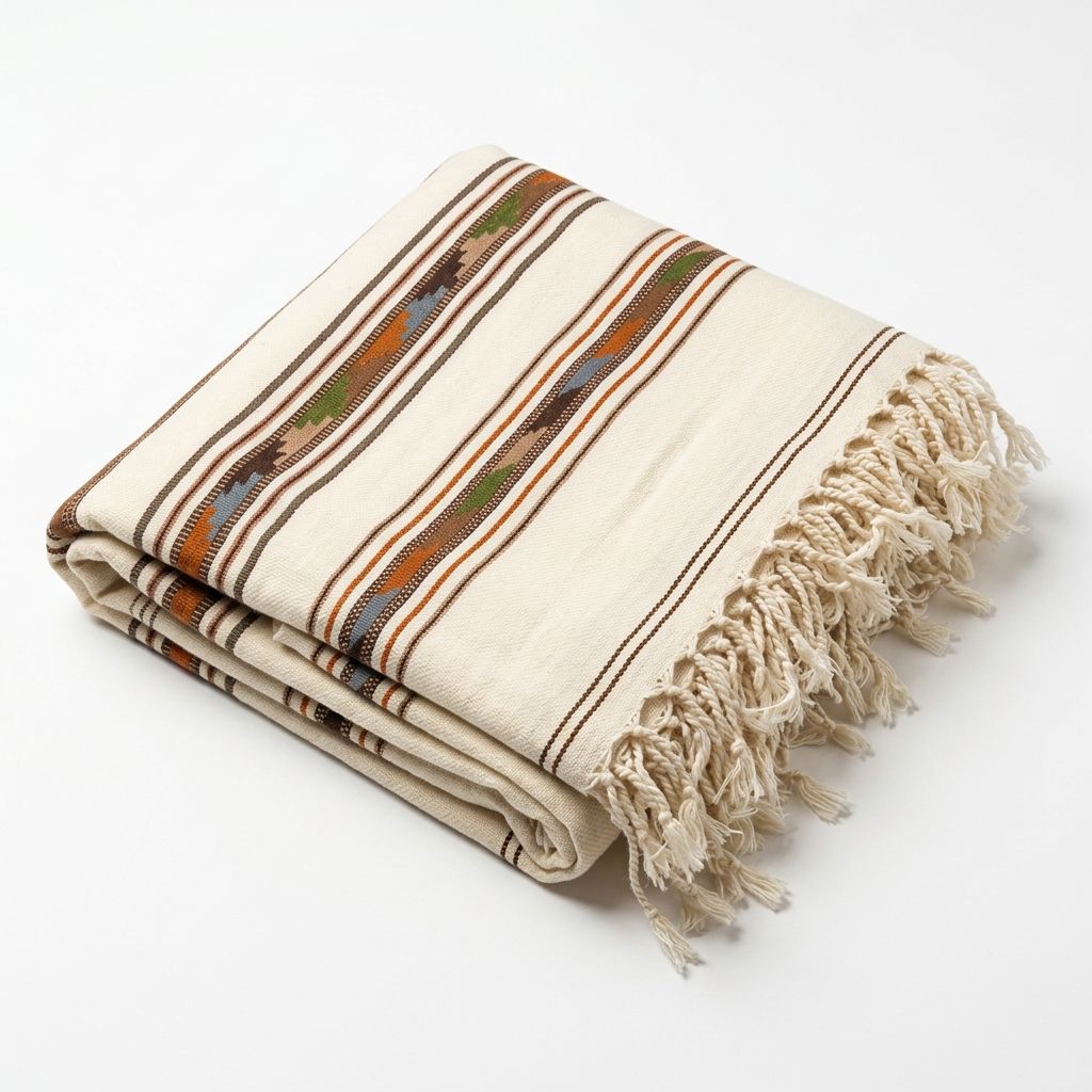 Neatly folded men's off-white khaddar wool shawl featuring striped earthy-toned borders and hand-twisted fringe tassels
