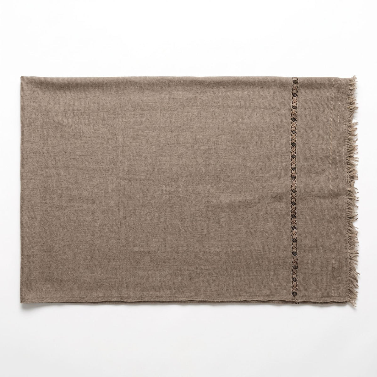 Men's taupe brown soft wool shawl featuring a thin embroidered vertical geometric border line and feathered fringe edges