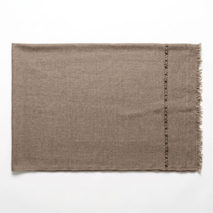 Men's taupe brown soft wool shawl featuring a thin embroidered vertical geometric border line and feathered fringe edges