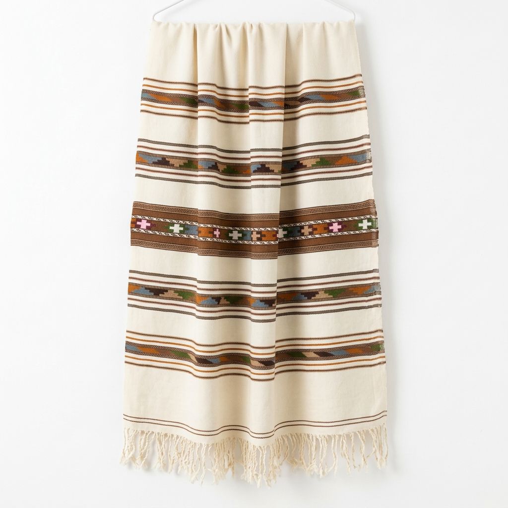 Men's off-white khaddar wool shawl featuring multi-lined ethnic geometric borders and fringe tassels hanging vertically on a display wall