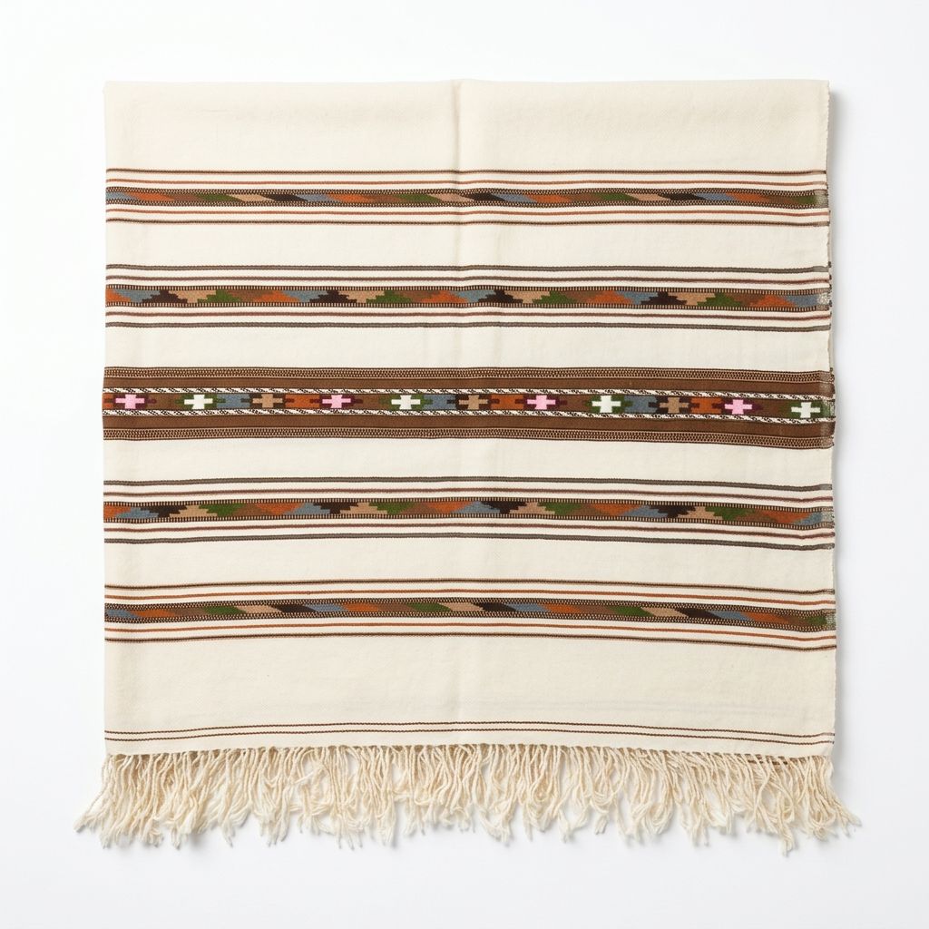 Men's off-white wool shawl featuring horizontal multi-colored geometric tribal stripes and cross-stitch border details with fringe tassels