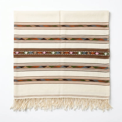 Men's off-white wool shawl featuring horizontal multi-colored geometric tribal stripes and cross-stitch border details with fringe tassels