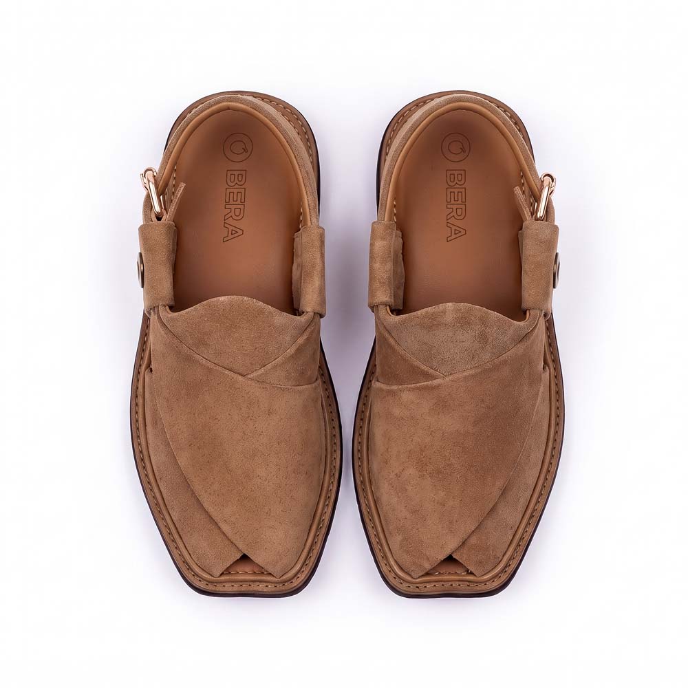 camel suede traditional Chappal pair shown from above with overlapping leather panels and textured suede finish