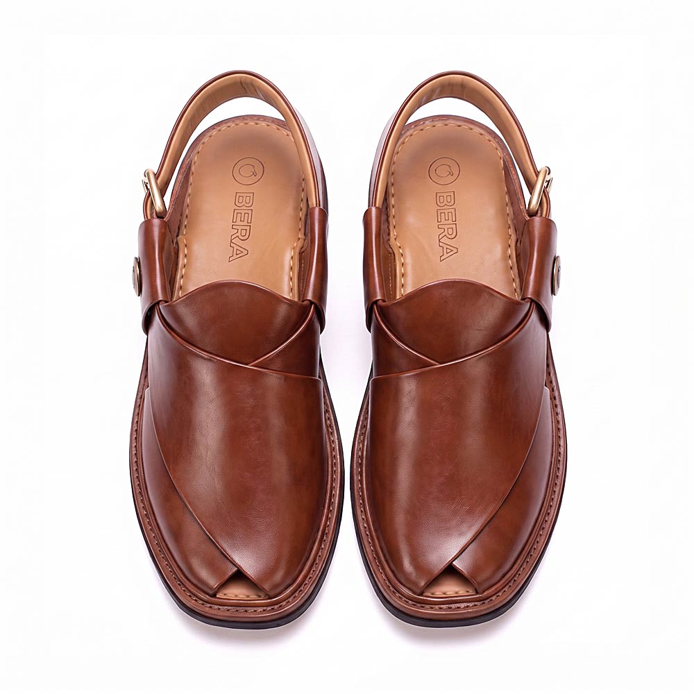 burgundy Round Shape Peshawari Chappal for men shown from above with smooth overlapping leather straps and adjustable heel buckle