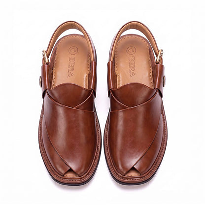 burgundy Round Shape Peshawari Chappal for men shown from above with smooth overlapping leather straps and adjustable heel buckle
