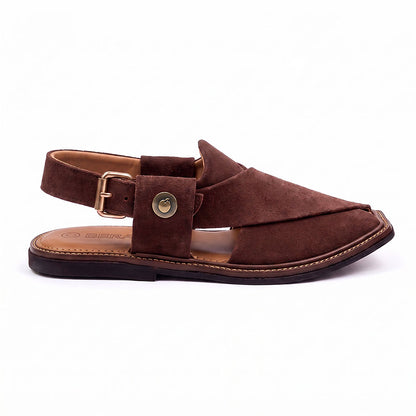 brown suede Charsadda Chappal shown from the side with crossed straps, buckle closure and layered leather sole