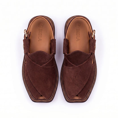 brown suede Peshawari Chappal pair shown from above with layered suede straps and branded insoles