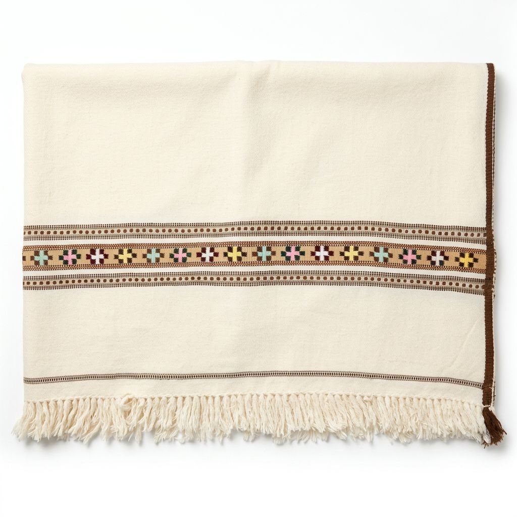 Men's cream wool shawl featuring a brown selvedge edge, delicate pastel geometric cross border motif, and fringe tassels